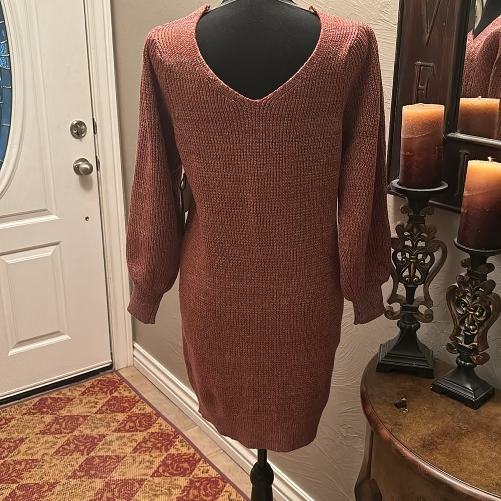 Cozy  Black Tape V-Neck Sweater Dress - Rust - Picture 5 of 8